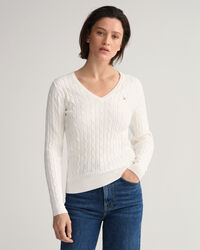 Maglia con scollo a V in cotone elasticizzato a trecce