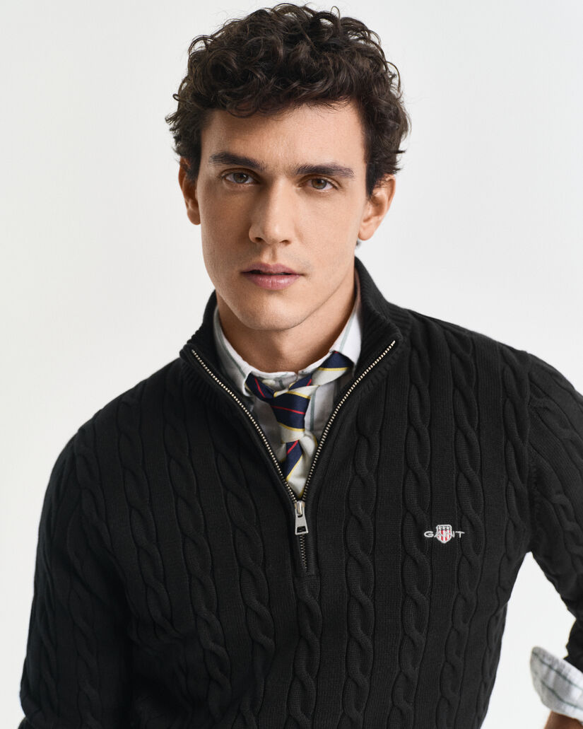 Maglia con zip corta in cotone a trecce