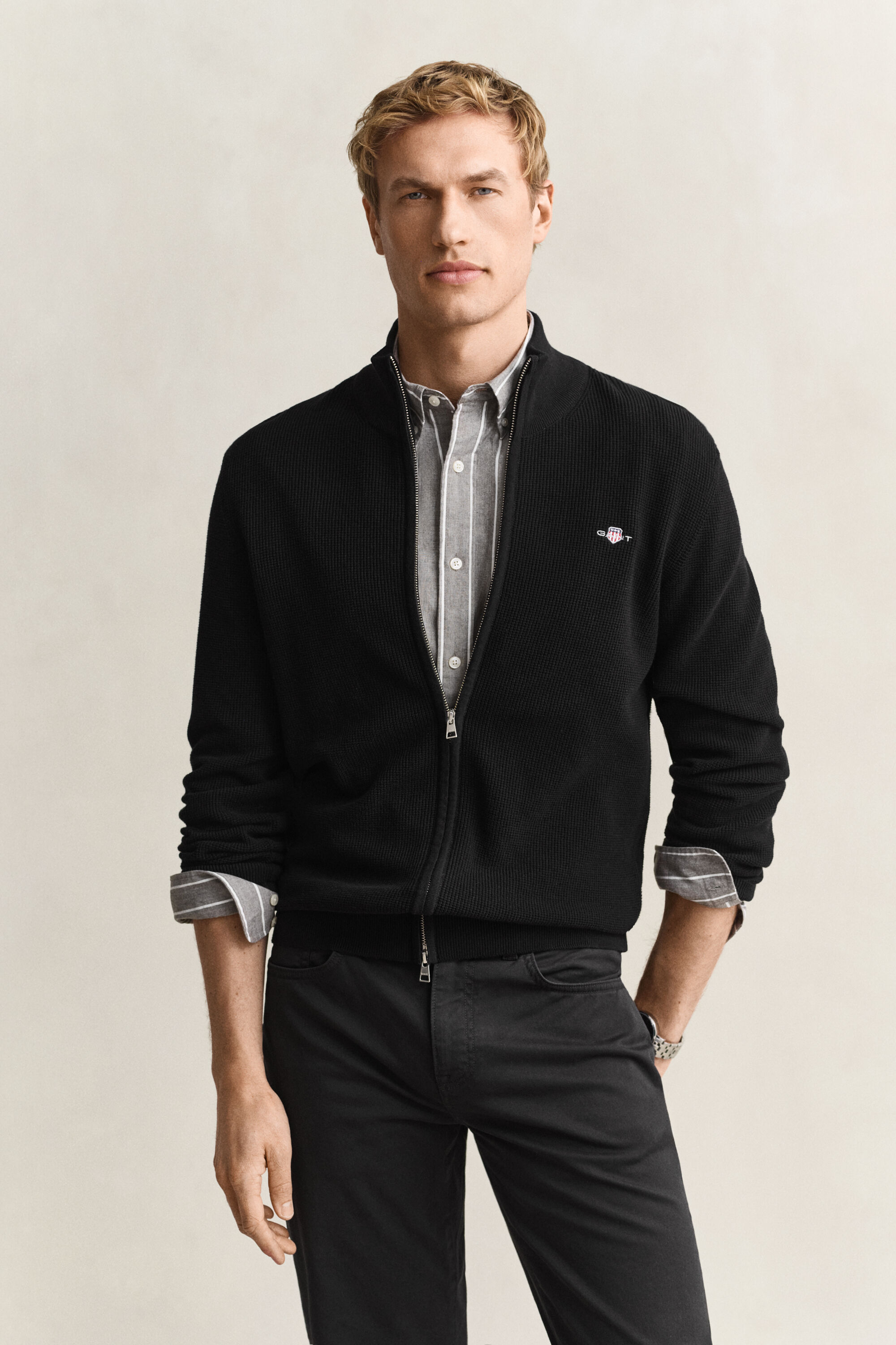 Cardigan con zip in cotone testurizzato