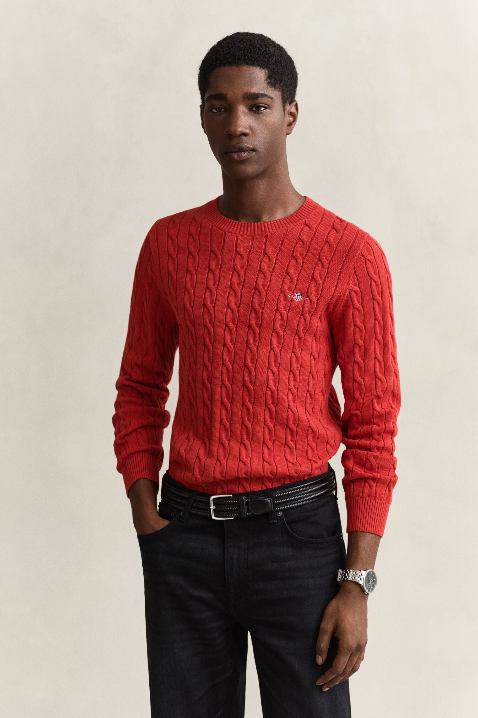 Maglia girocollo in cotone a trecce
