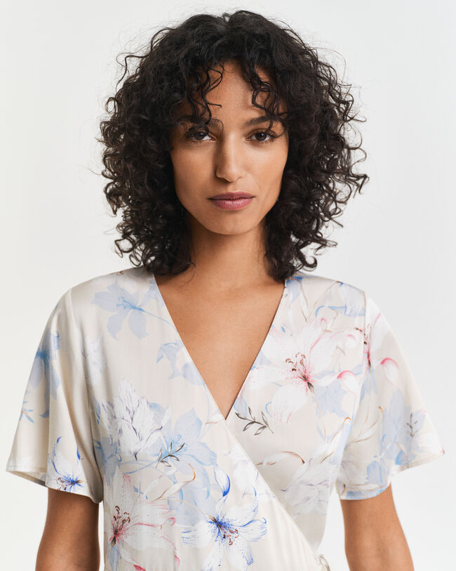 Abito a portafoglio maniche corte con volant e stampa floreale