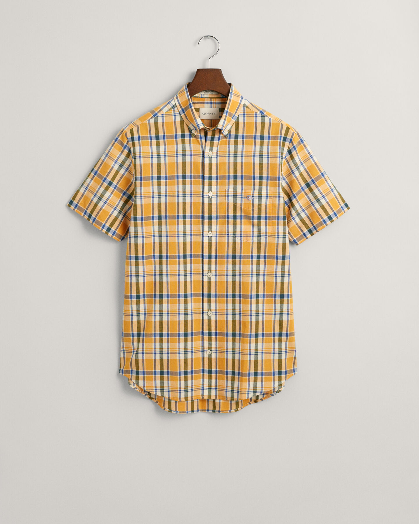 Camicia a maniche corte in misto cotone-lino a quadri regular fit