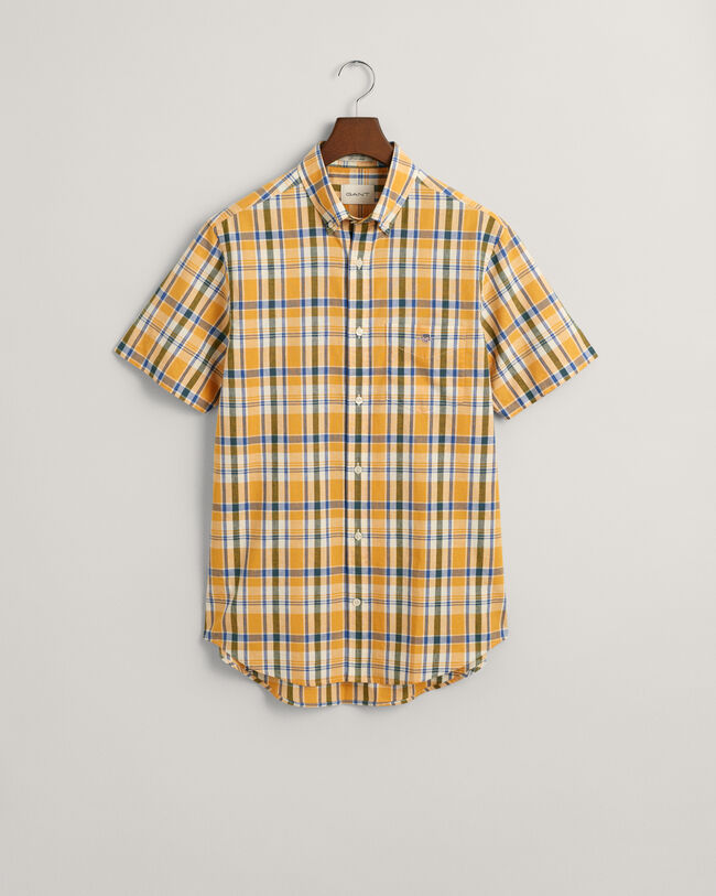 Camicia a maniche corte in misto cotone-lino a quadri regular fit