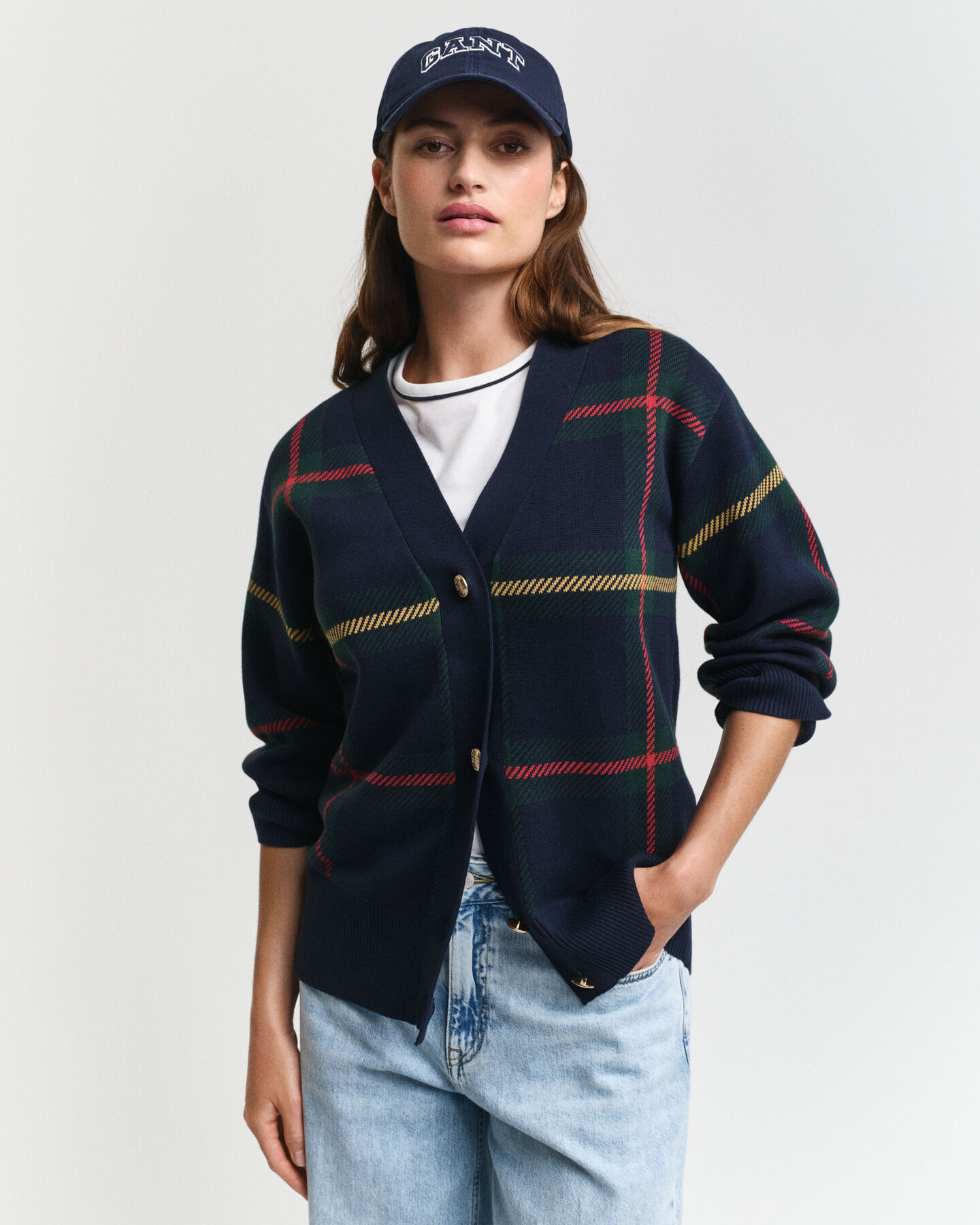 Cardigan a quadri con scollo a V