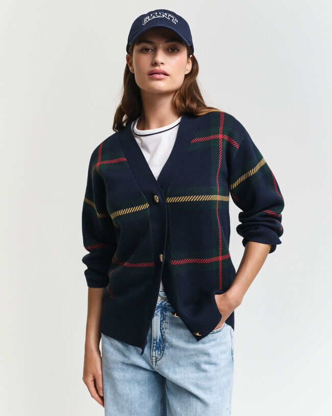 Cardigan a quadri con scollo a V