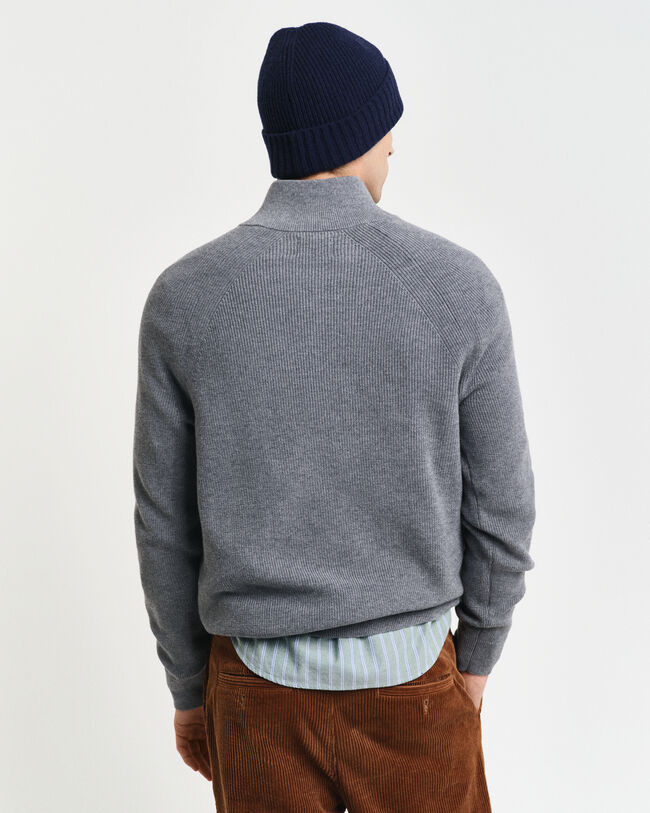 Maglia con zip corta in cotone e lana a coste