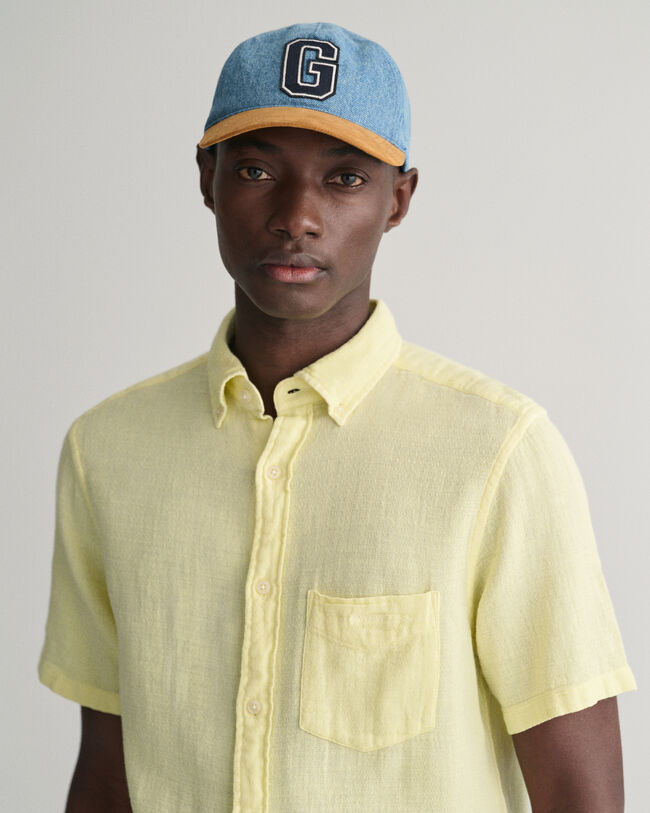 Camicia a maniche corte in misto cotone-lino testurizzato regular fit