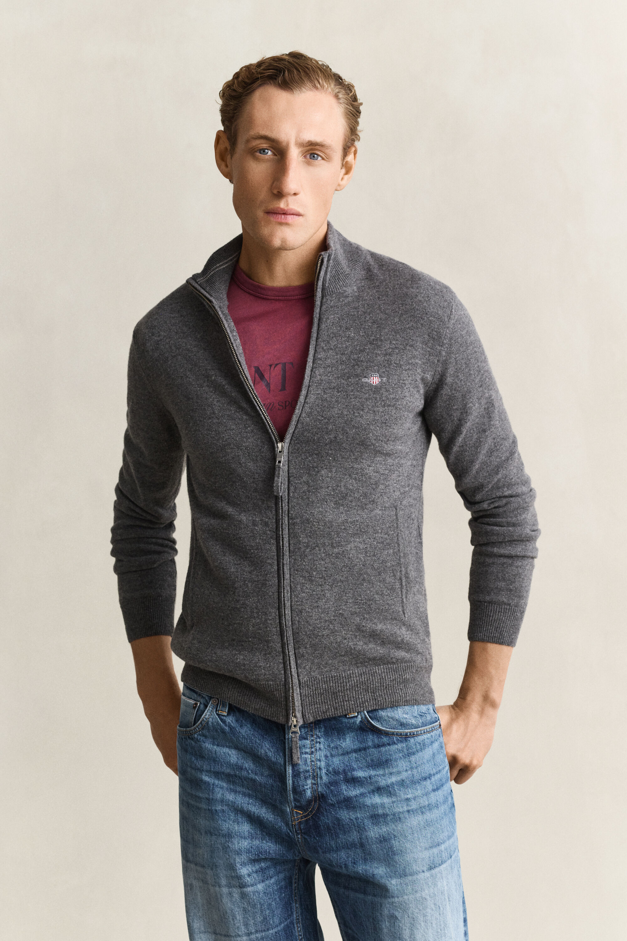 Cardigan con zip in lana d’agnello