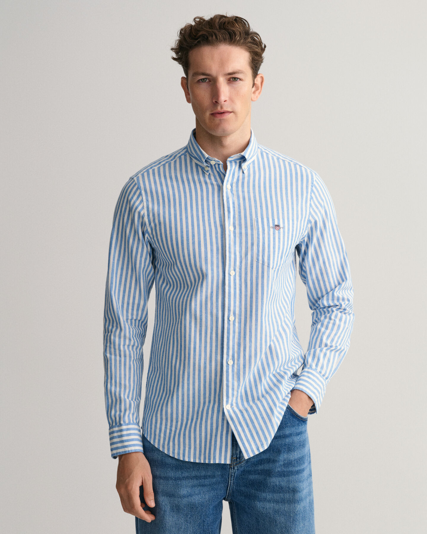 Camicia in misto cotone-lino a righe regular fit