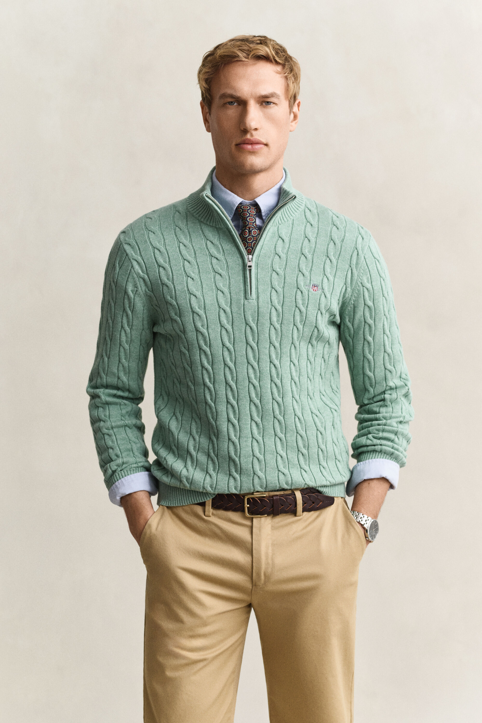 Maglia con zip corta in cotone a trecce