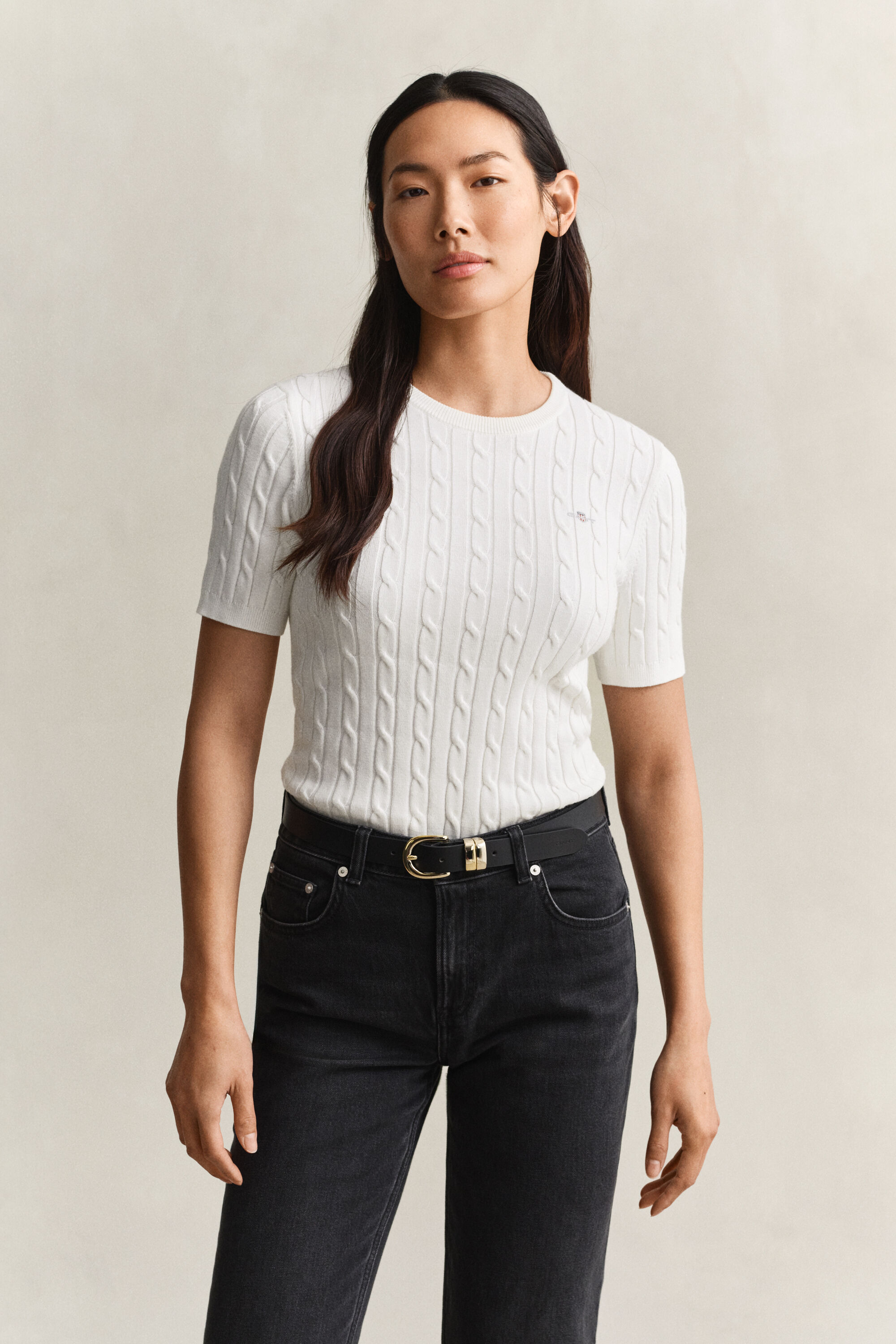 Maglia a trecce maniche corte in cotone elasticizzato
