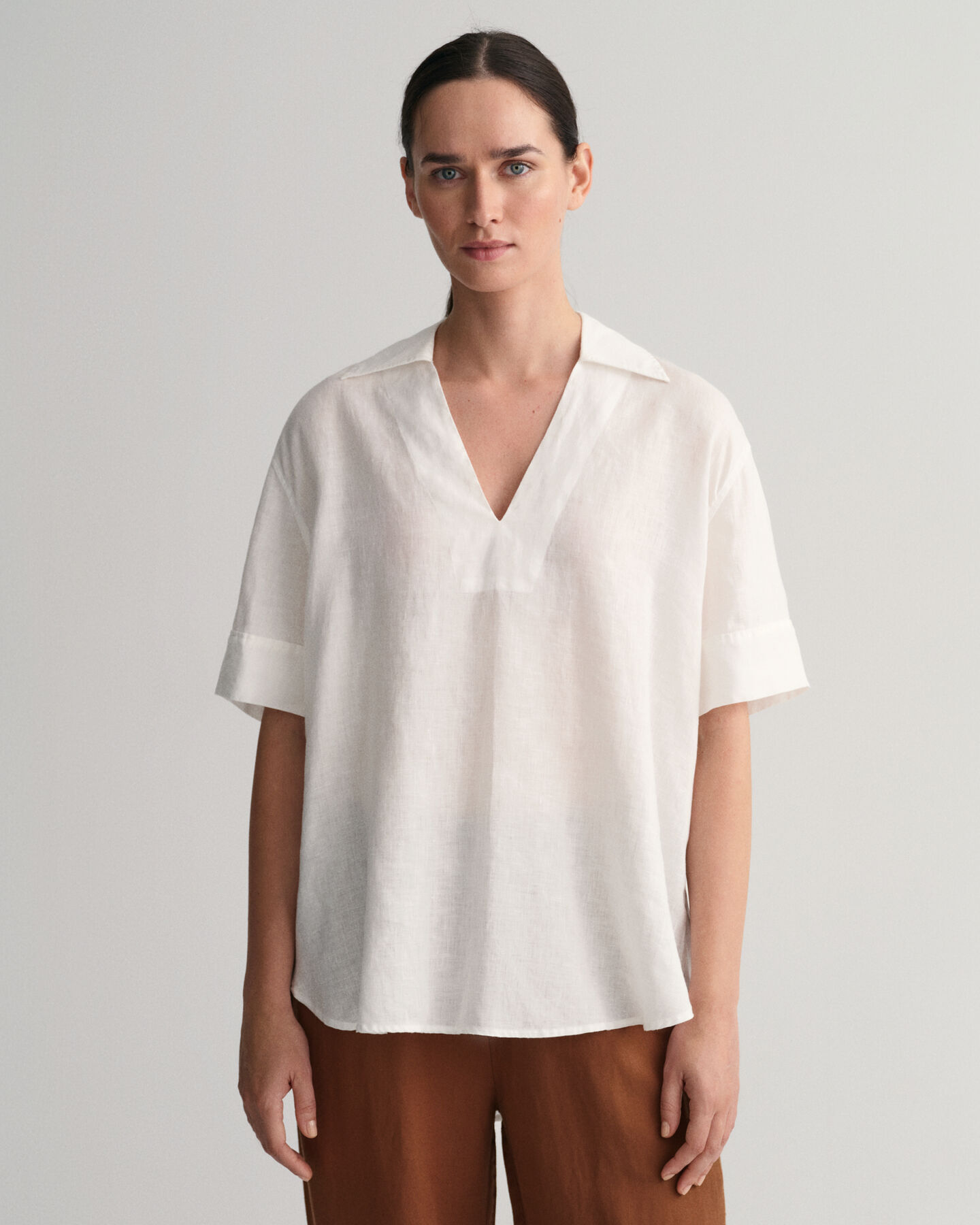 Blusa Popover in lino a maniche corte