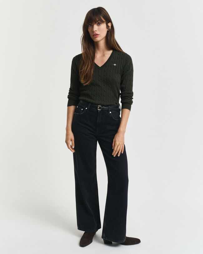 Maglia con scollo a V in cotone elasticizzato a trecce