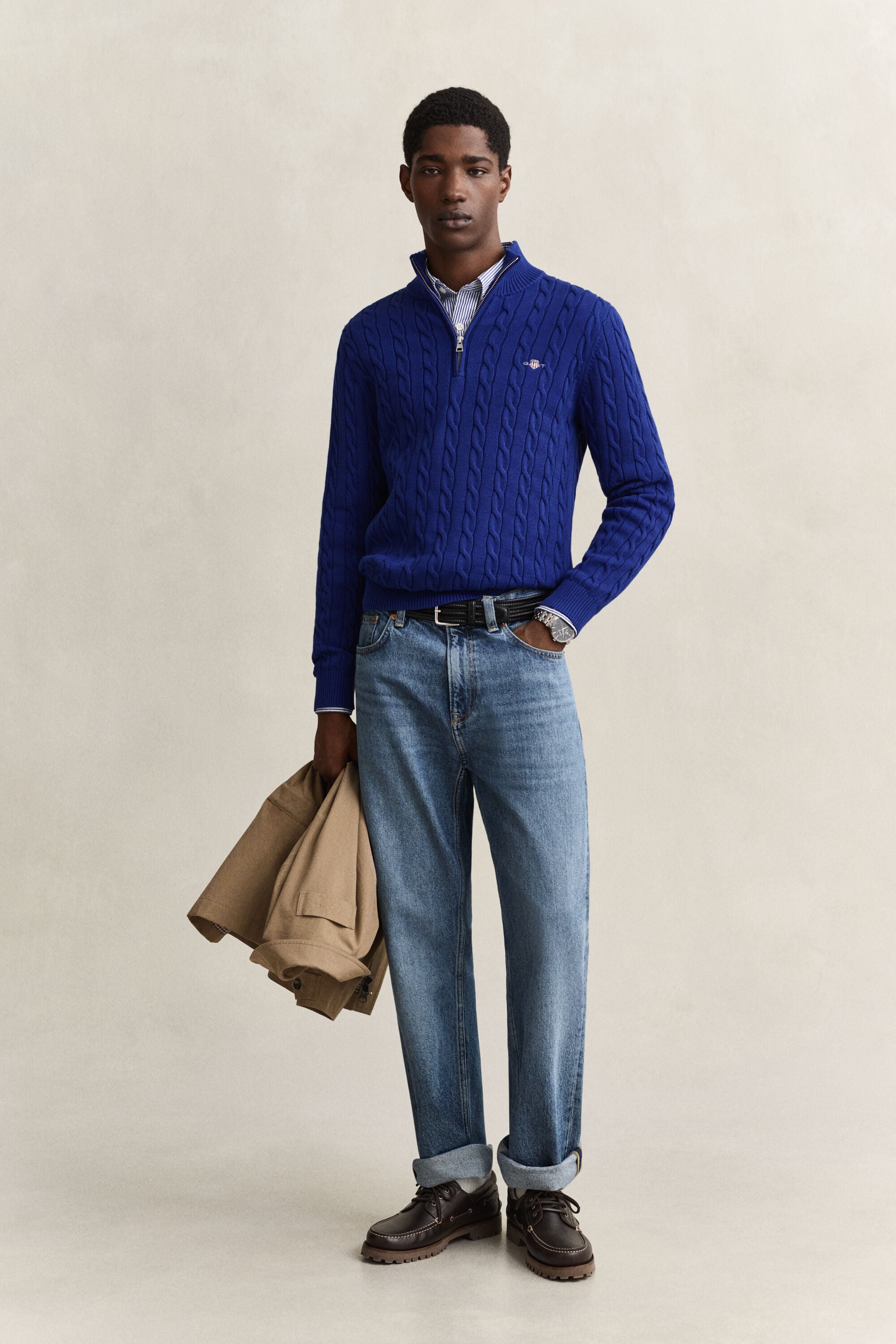 Maglia con zip corta in cotone a trecce