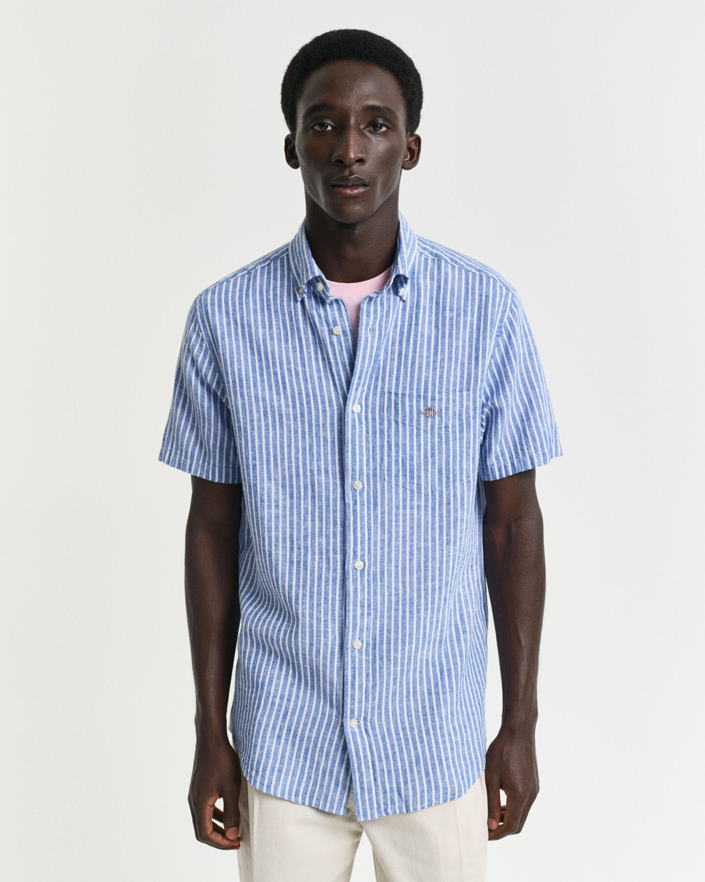 Camicia a maniche corte in misto cotone-lino regular fit