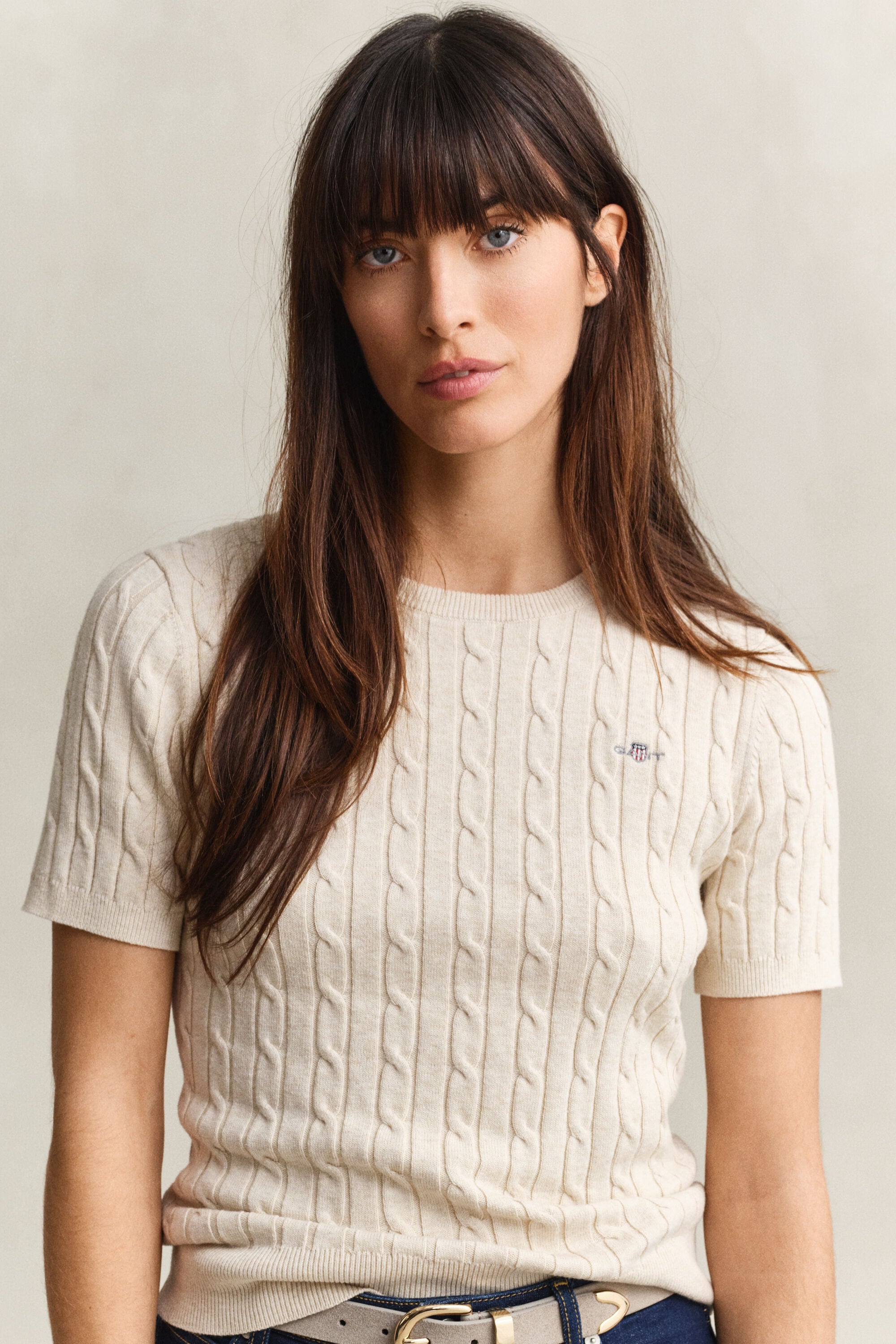 Maglia a trecce maniche corte in cotone elasticizzato