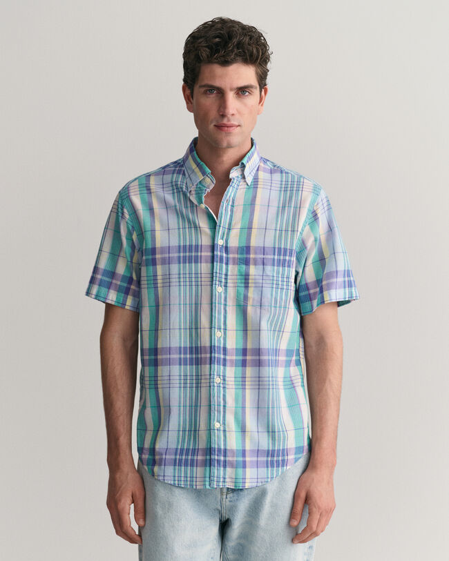 Camicia di lino colorata madras a maniche corte regular fit