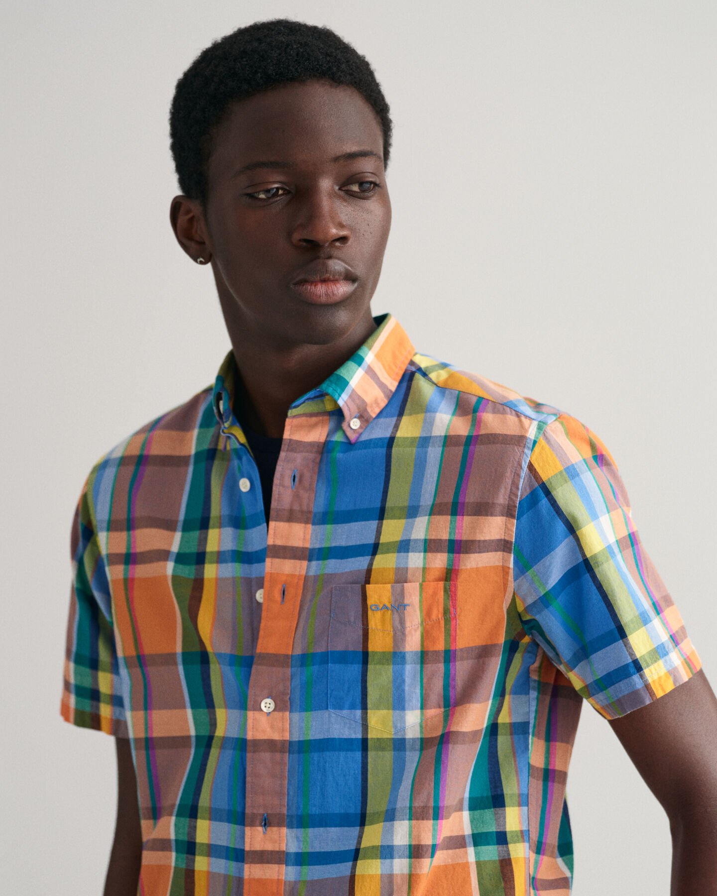 Camicia di lino colorata madras a maniche corte regular fit