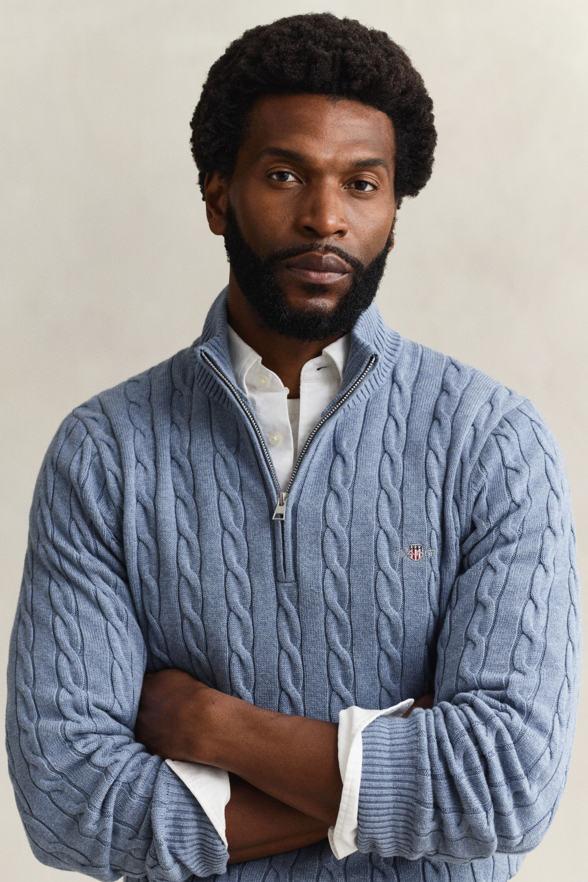 Maglia con zip corta in cotone a trecce