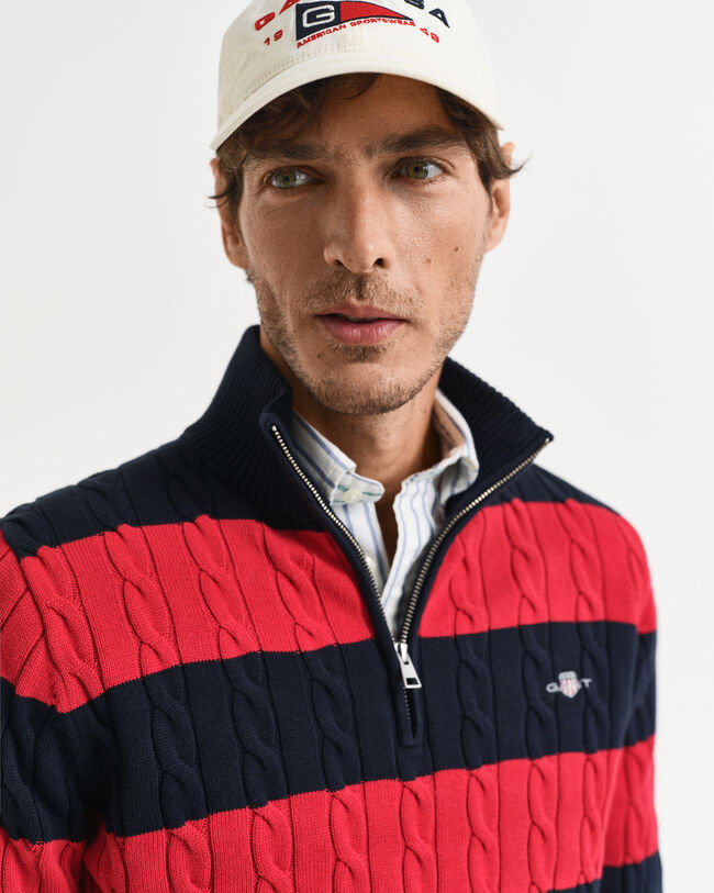 Maglia a righe in cotone a trecce con zip corta