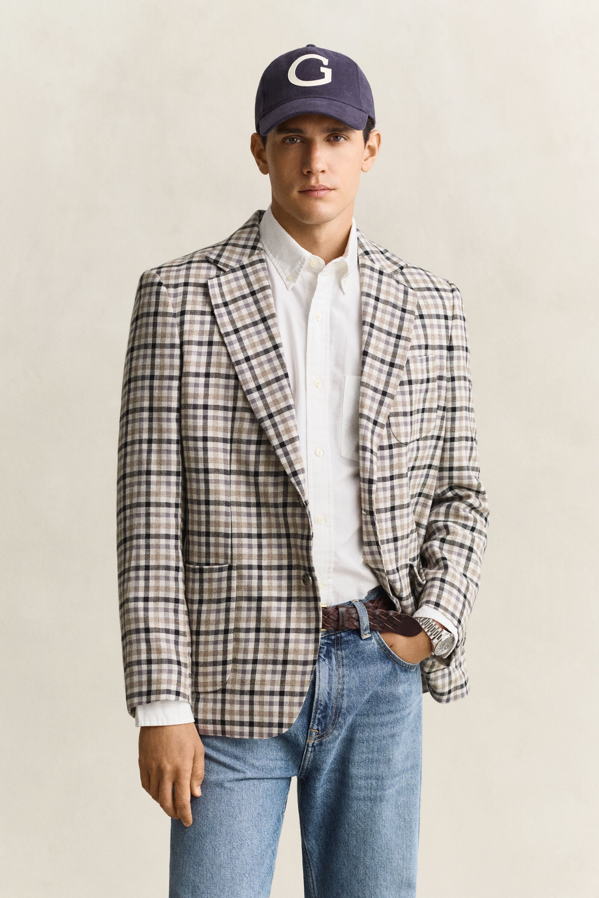 Blazer a quadri in lana e lino