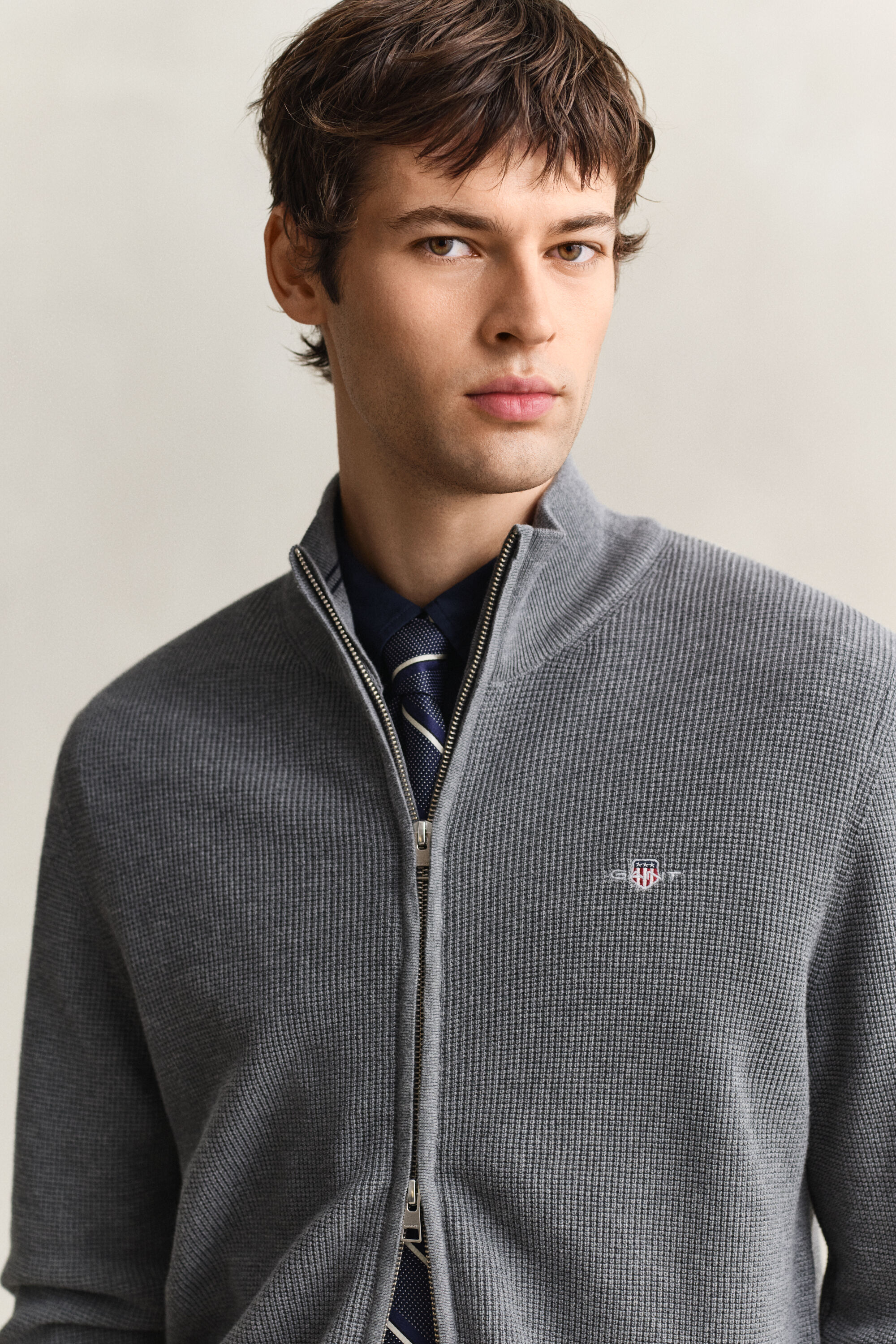 Cardigan con zip in cotone testurizzato