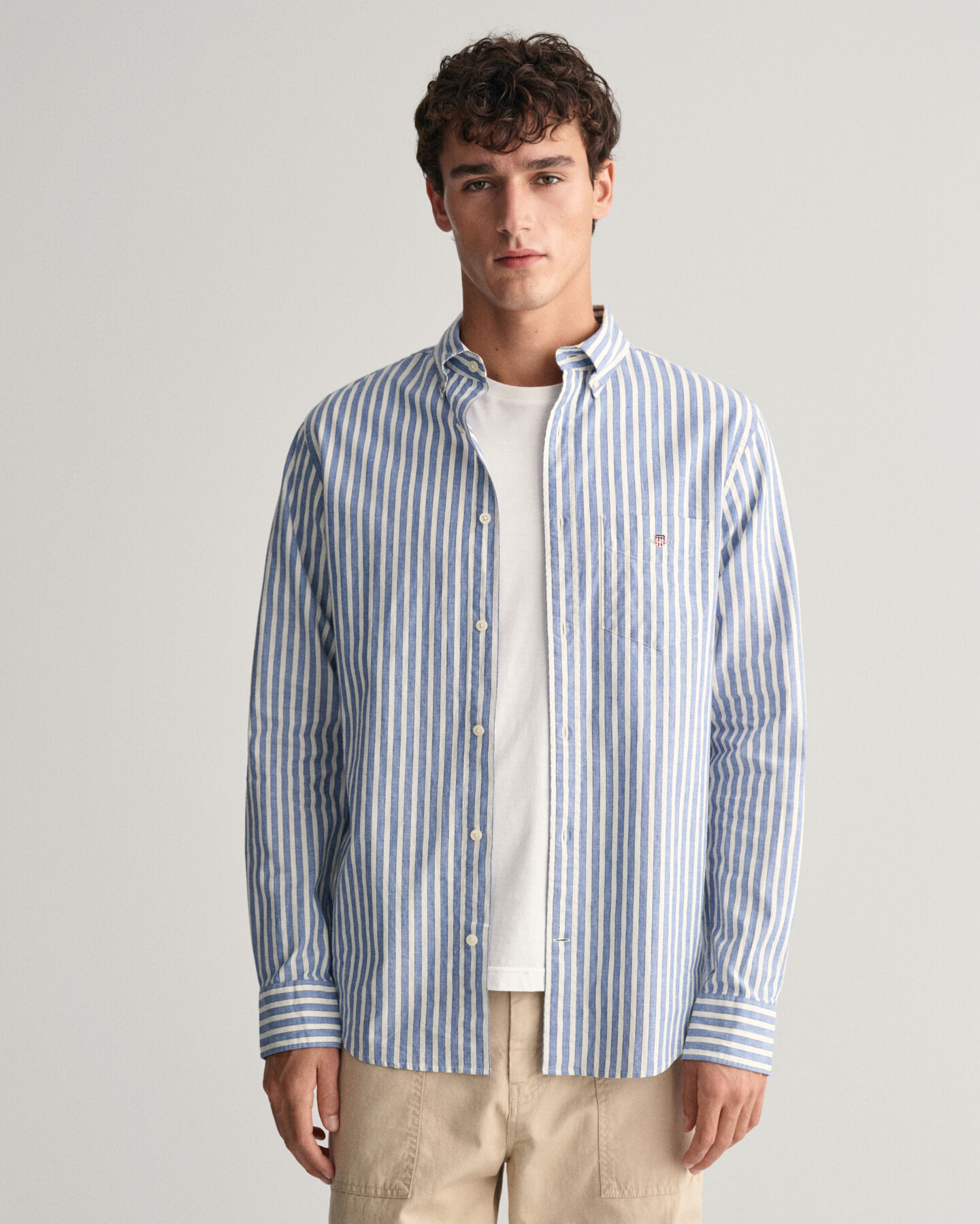 Camicia in misto cotone-lino a righe regular fit