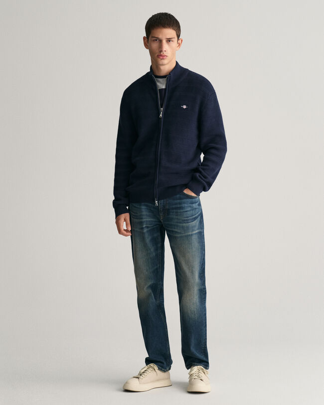 Cardigan con zip in cotone testurizzato a righe