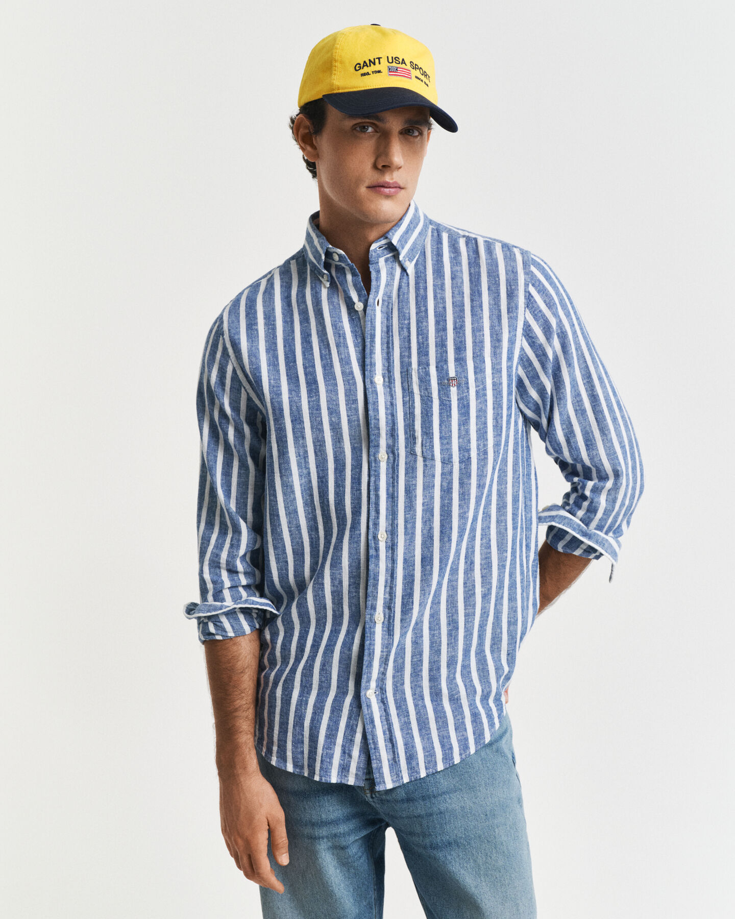 Camicia in misto cotone-lino a righe regular fit