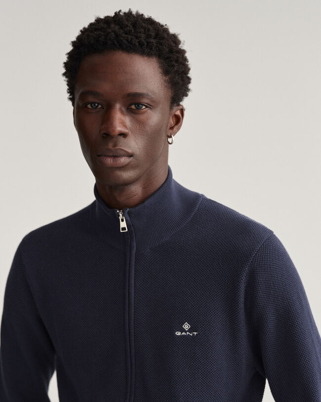 Cardigan in piqué di cotone con zip corta