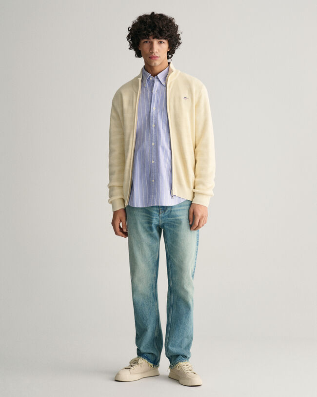 Cardigan con zip in cotone testurizzato a righe