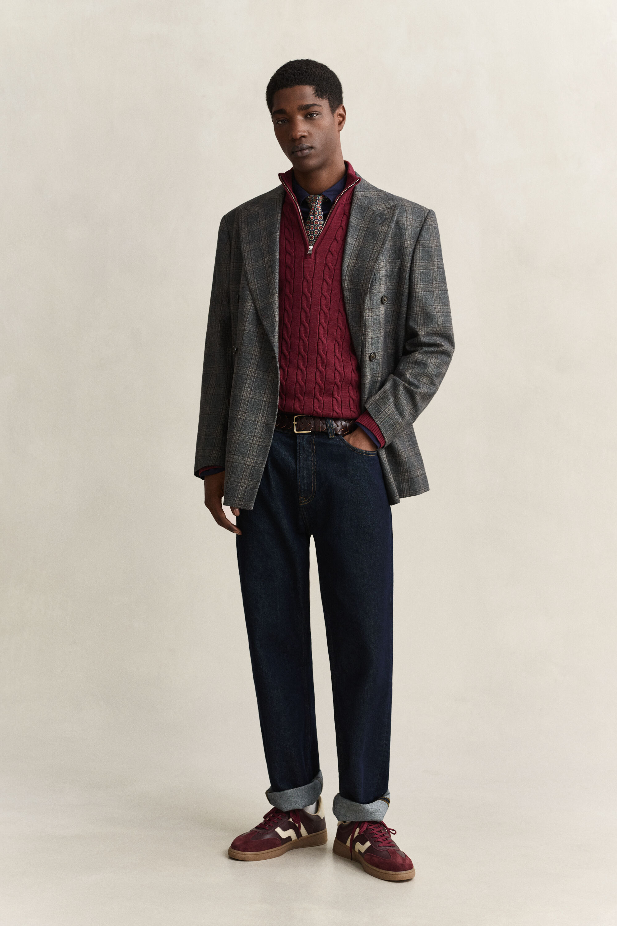 Maglia con zip corta in cotone a trecce