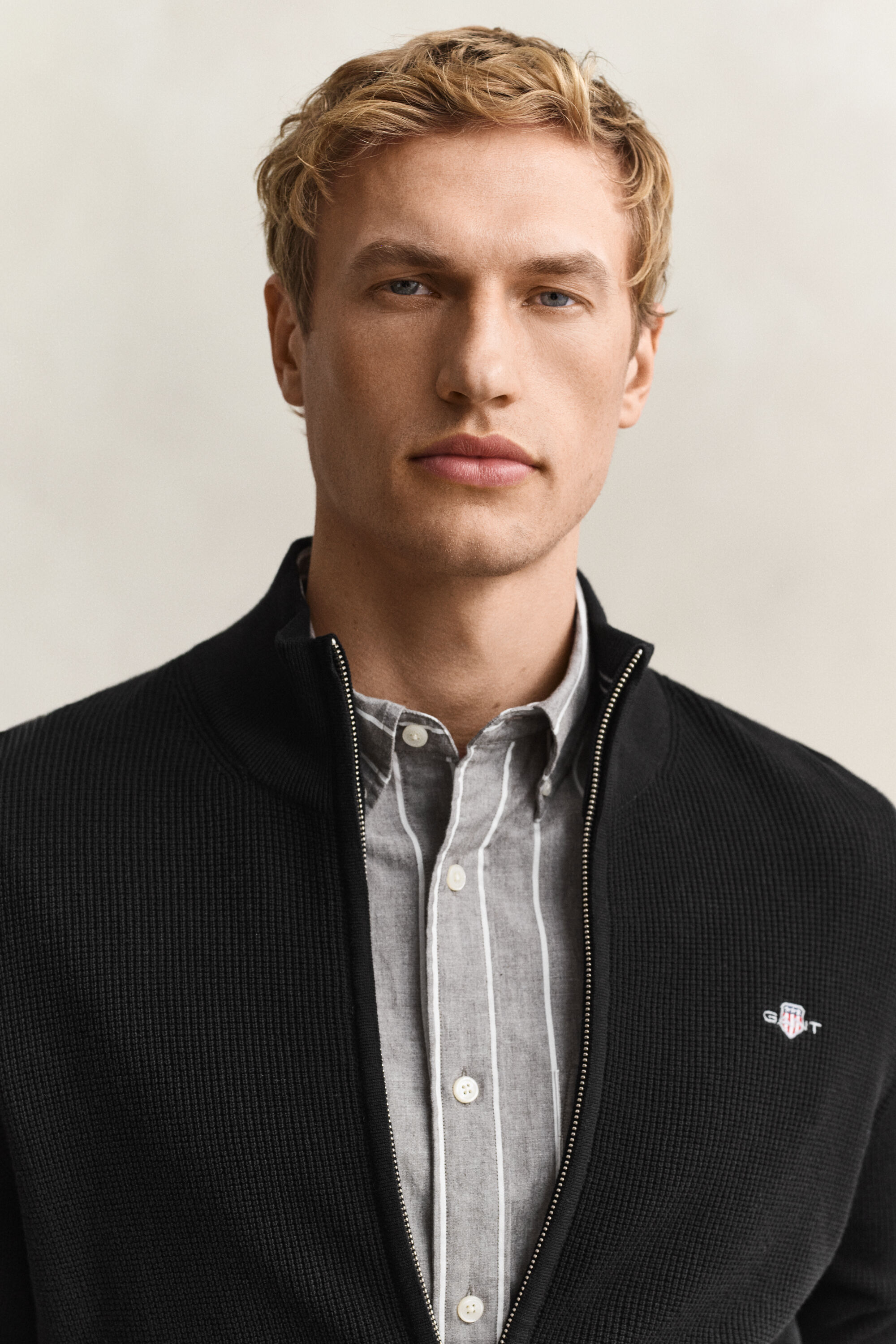 Cardigan con zip in cotone testurizzato