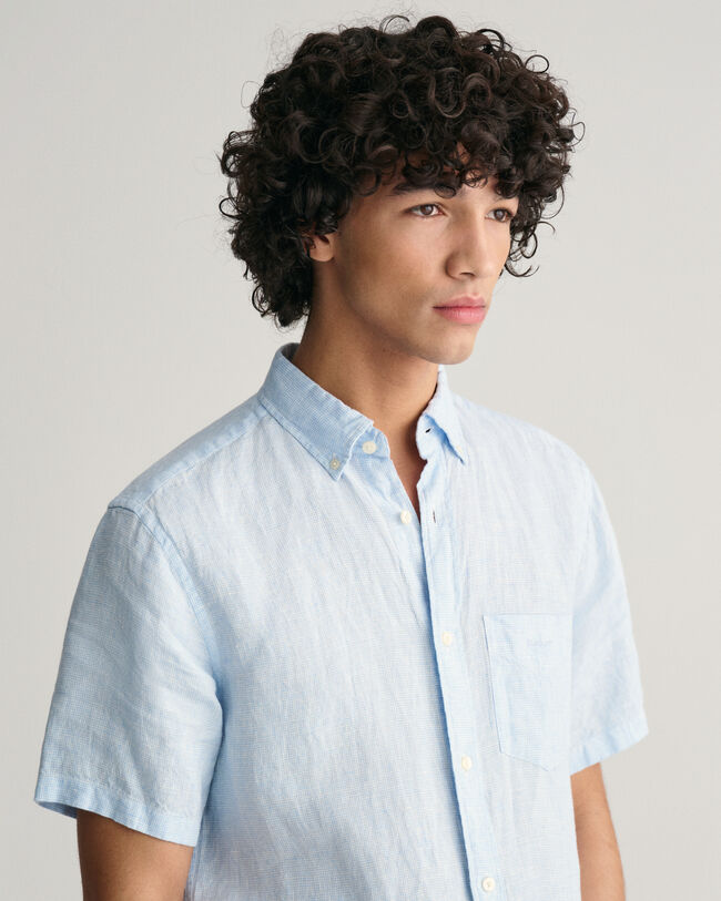 Camicia di lino maniche corte pied de poule regular fit