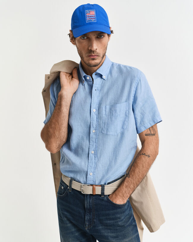 Camicia di lino tinto in capo maniche corte regular fit