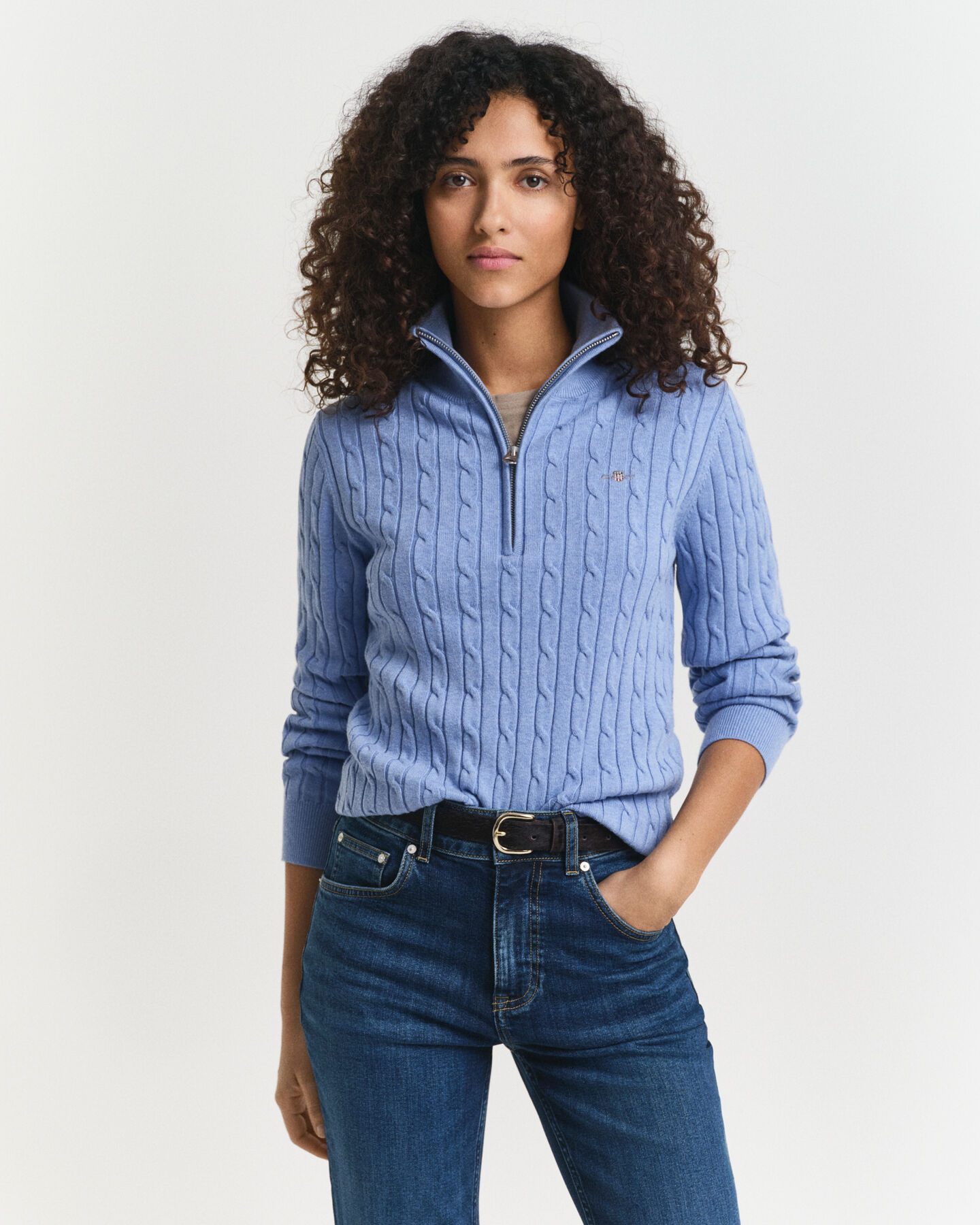 Maglia con zip corta in cotone elasticizzato a trecce