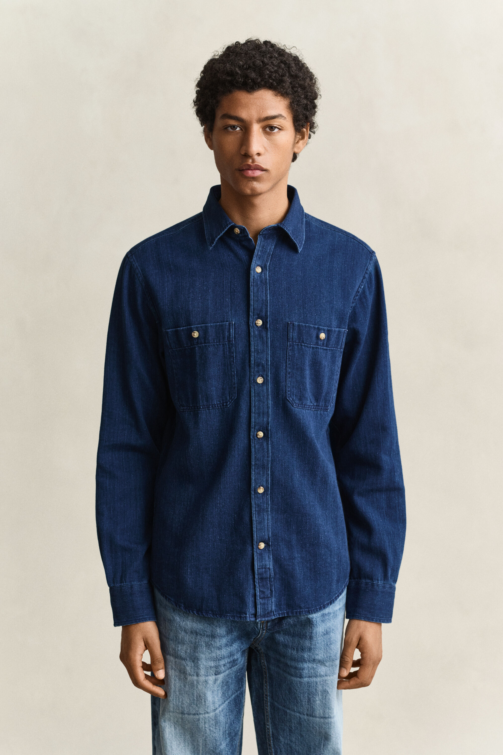 Camicia indaco con motivo a spina di pesce