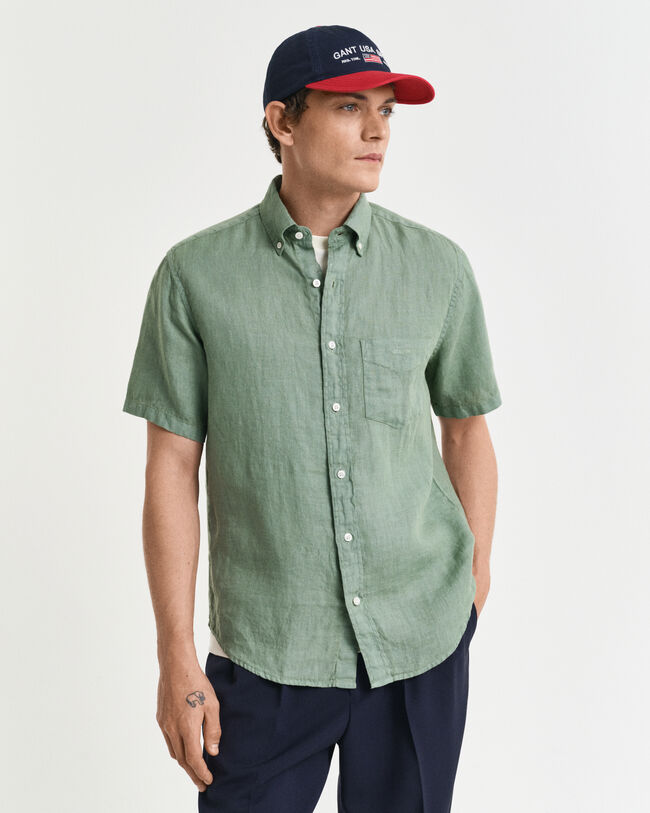Camicia di lino tinto in capo maniche corte regular fit