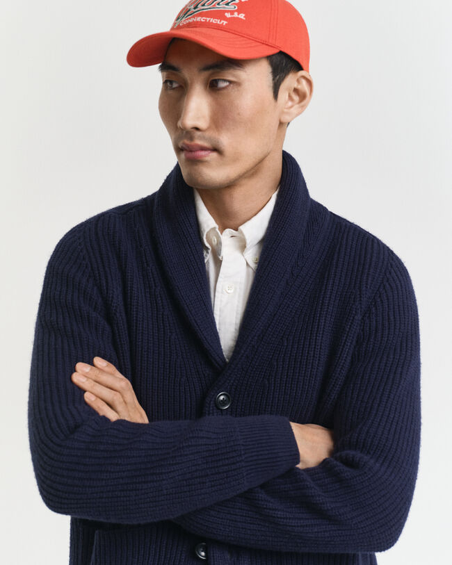 Cardigan con collo sciallato in misto lana