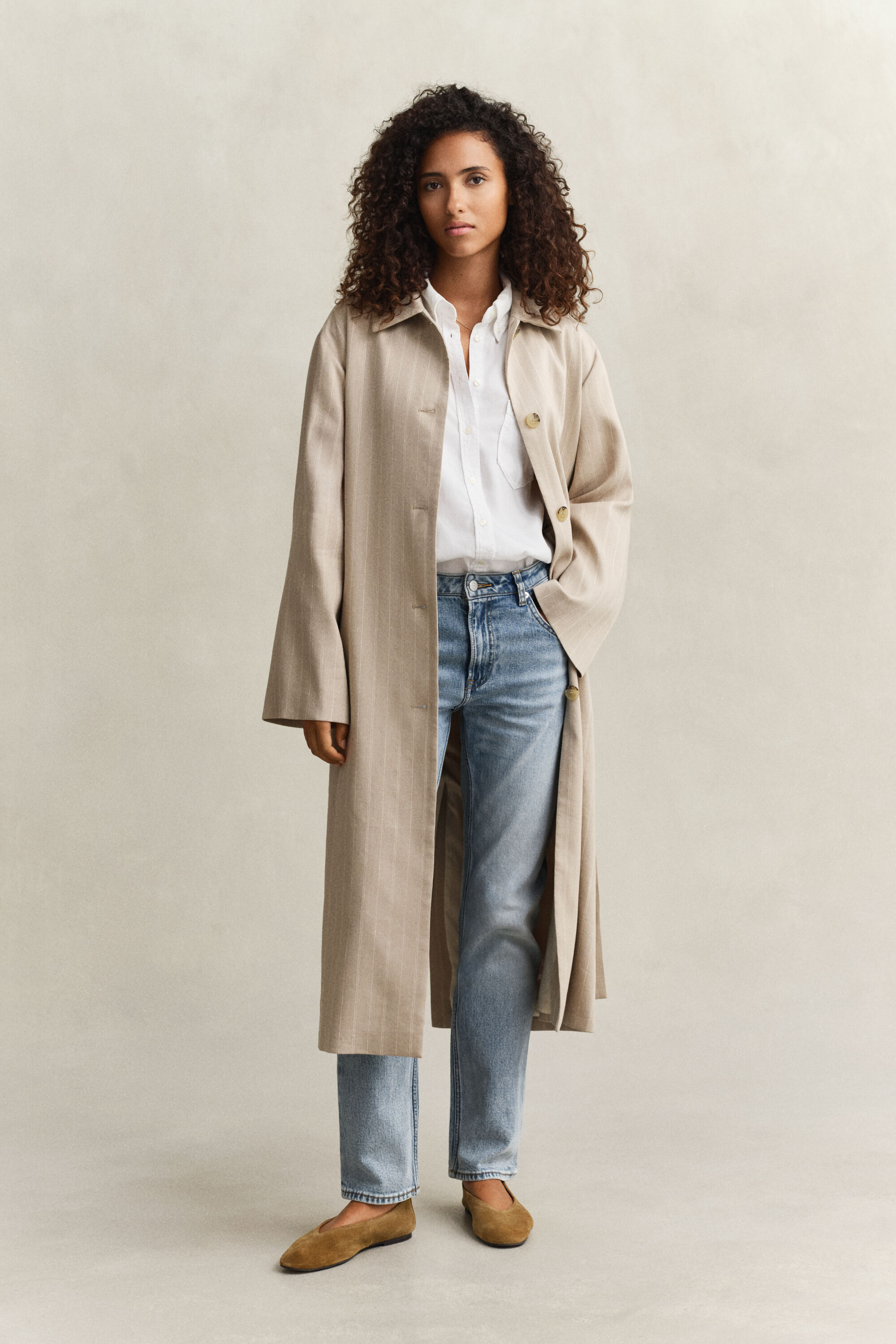 Cappotto gessato in misto lino