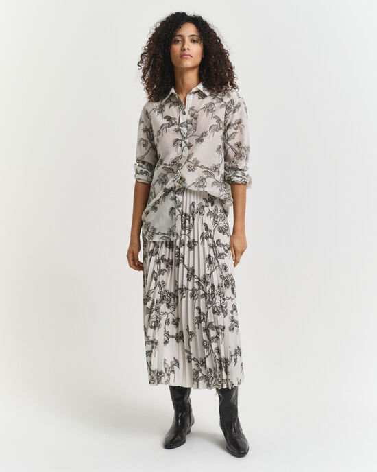 Gonna midi plissettata con stampa di albero