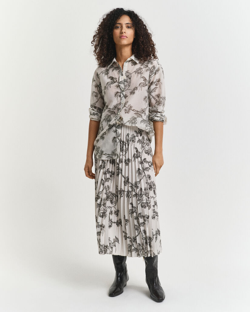 Gonna midi plissettata con stampa di albero