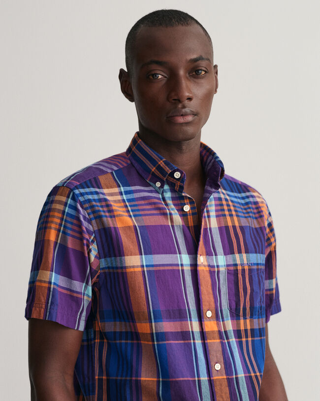 Camicia di lino colorata madras a maniche corte regular fit