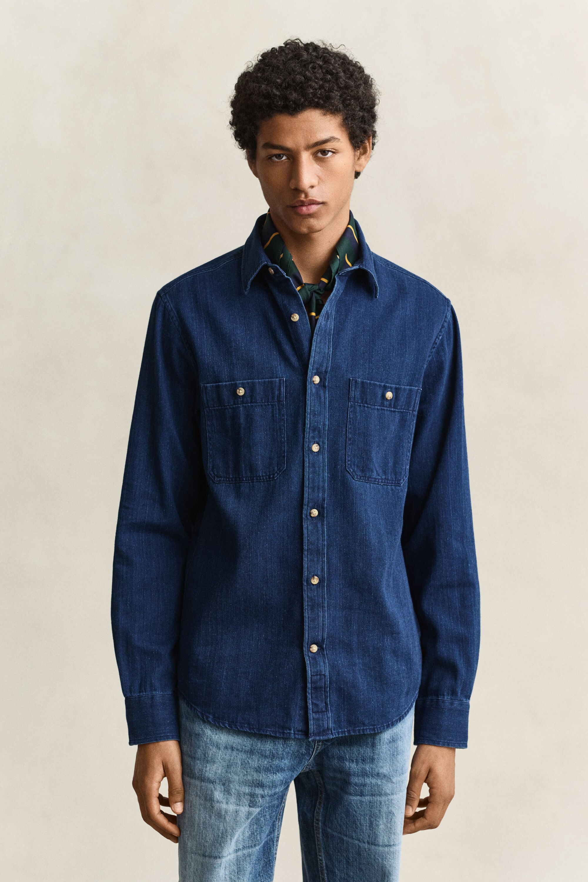 Camicia indaco con motivo a spina di pesce
