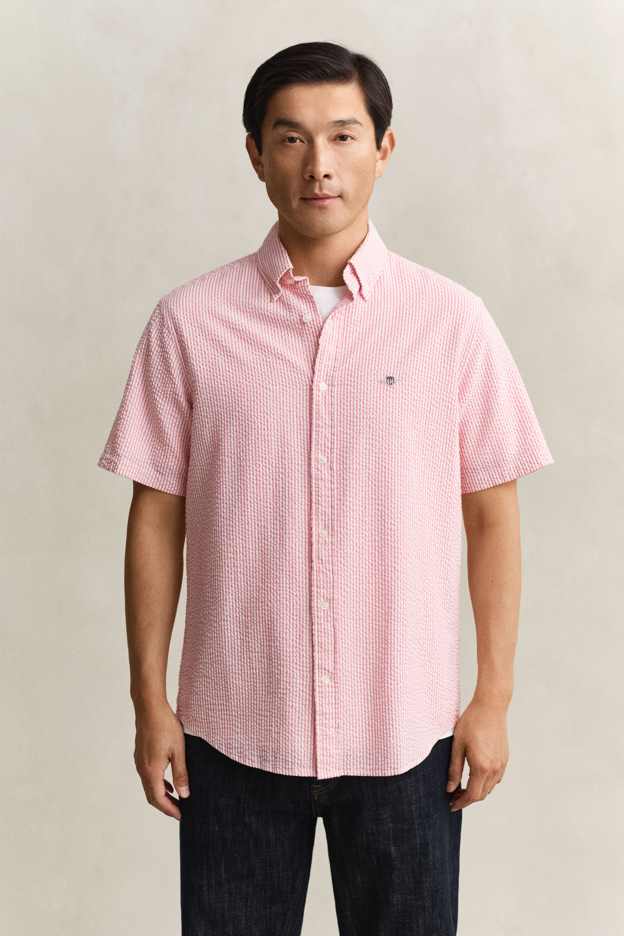 Camicia a maniche corte in seersucker a righe