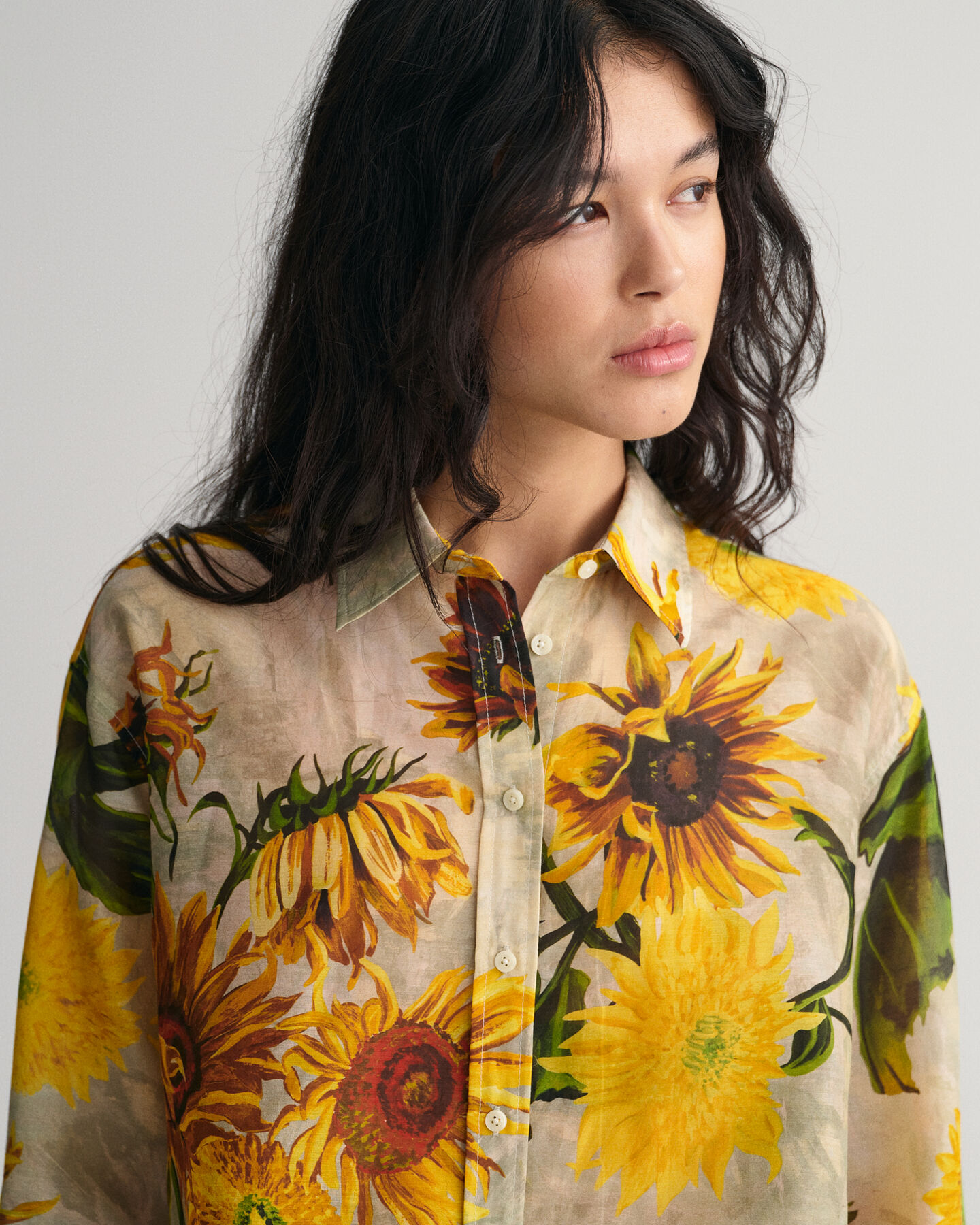 Camicia di seta in cotone con stampa di girasoli relaxed fit