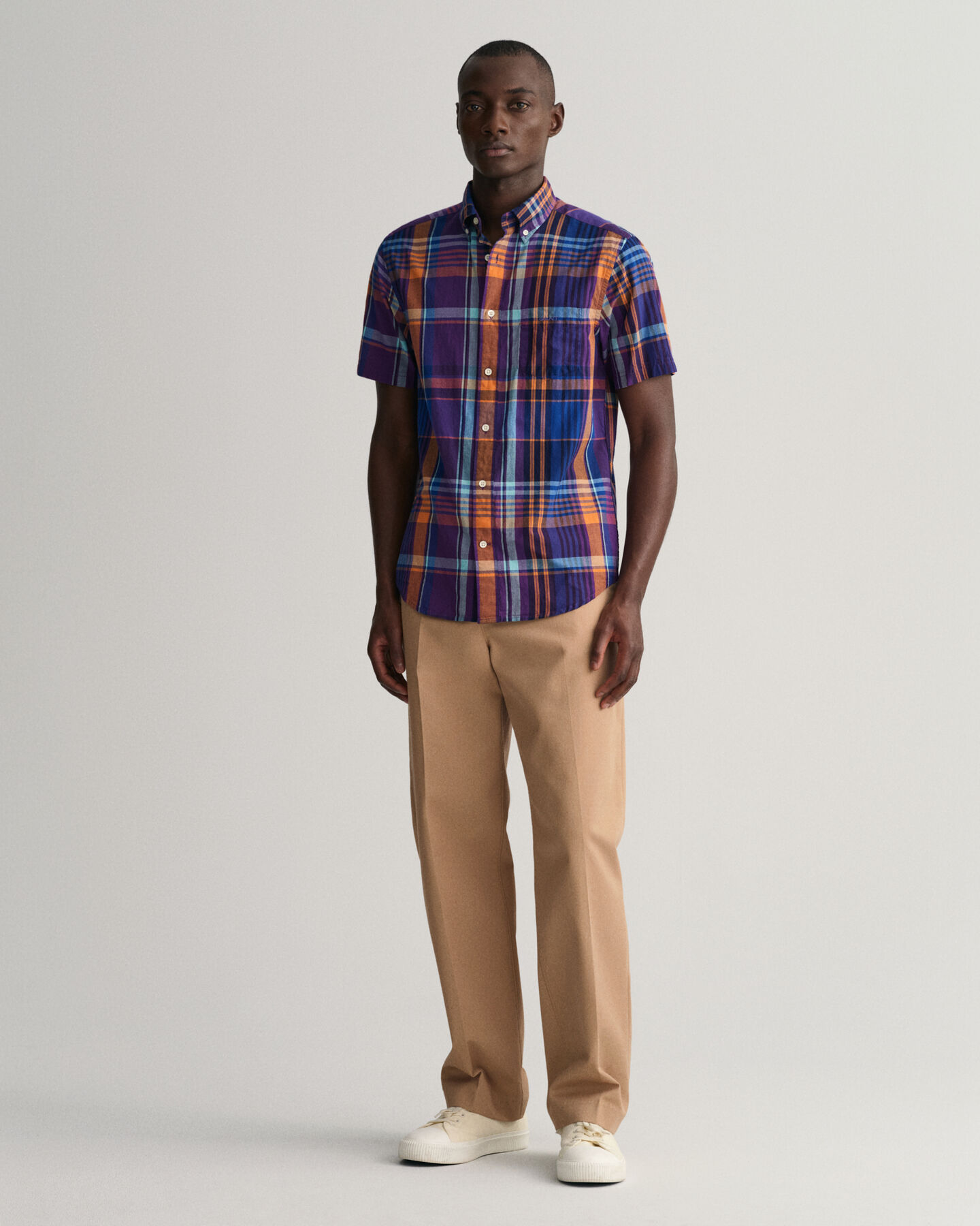 Camicia di lino colorata madras a maniche corte regular fit