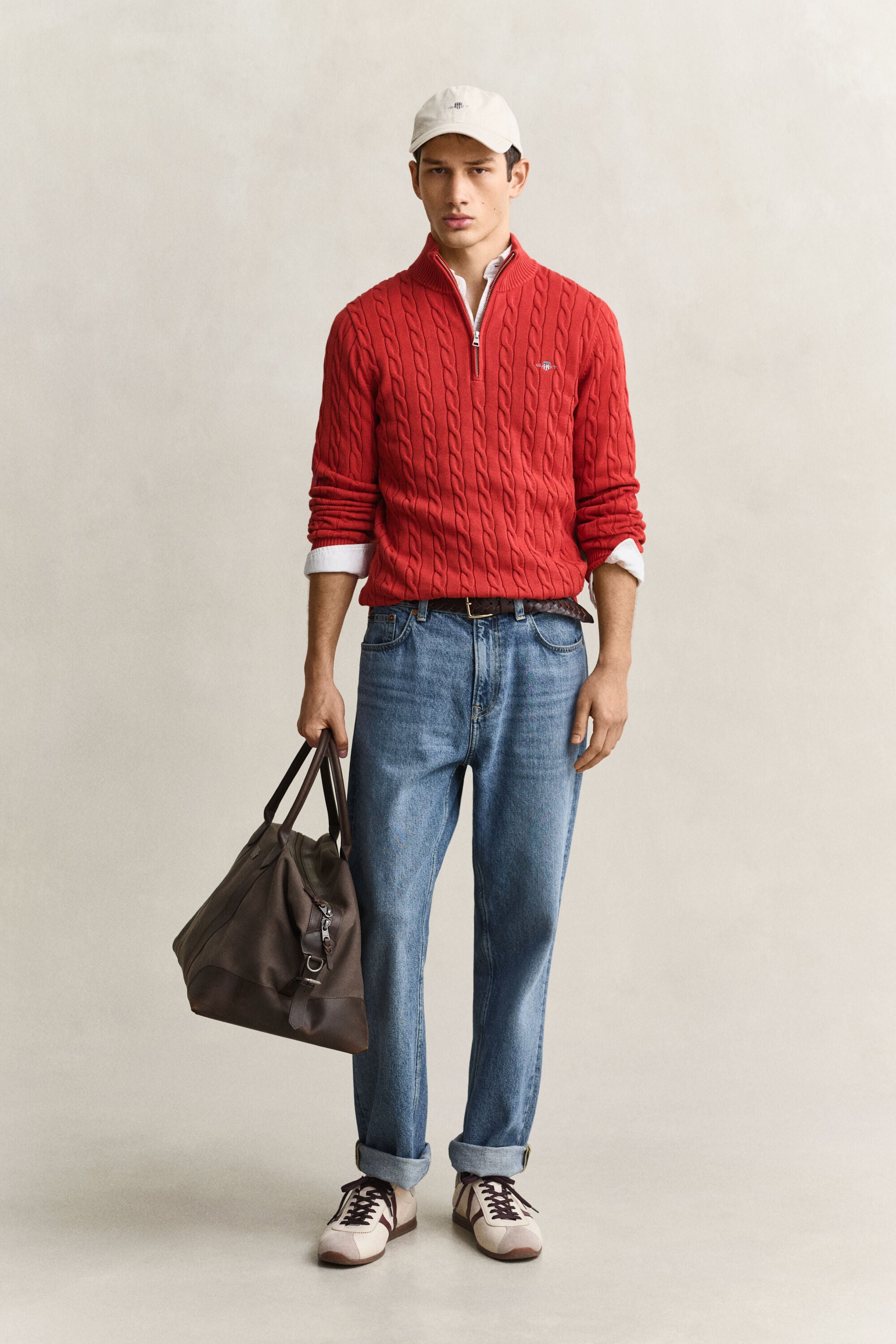 Maglia con zip corta in cotone a trecce