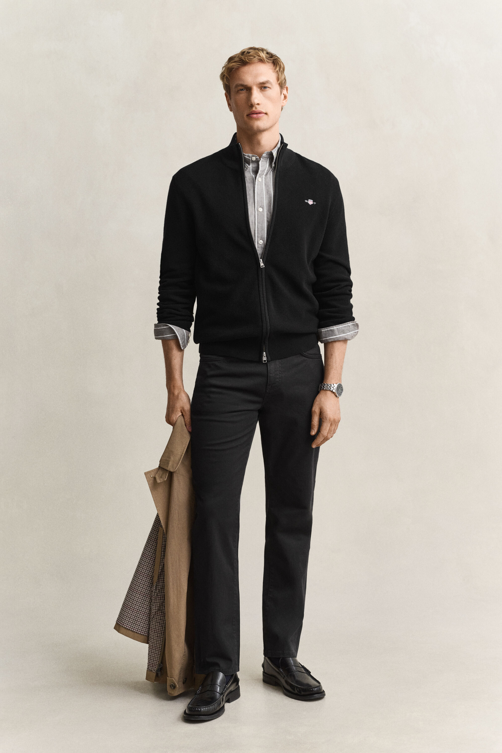 Cardigan con zip in cotone testurizzato