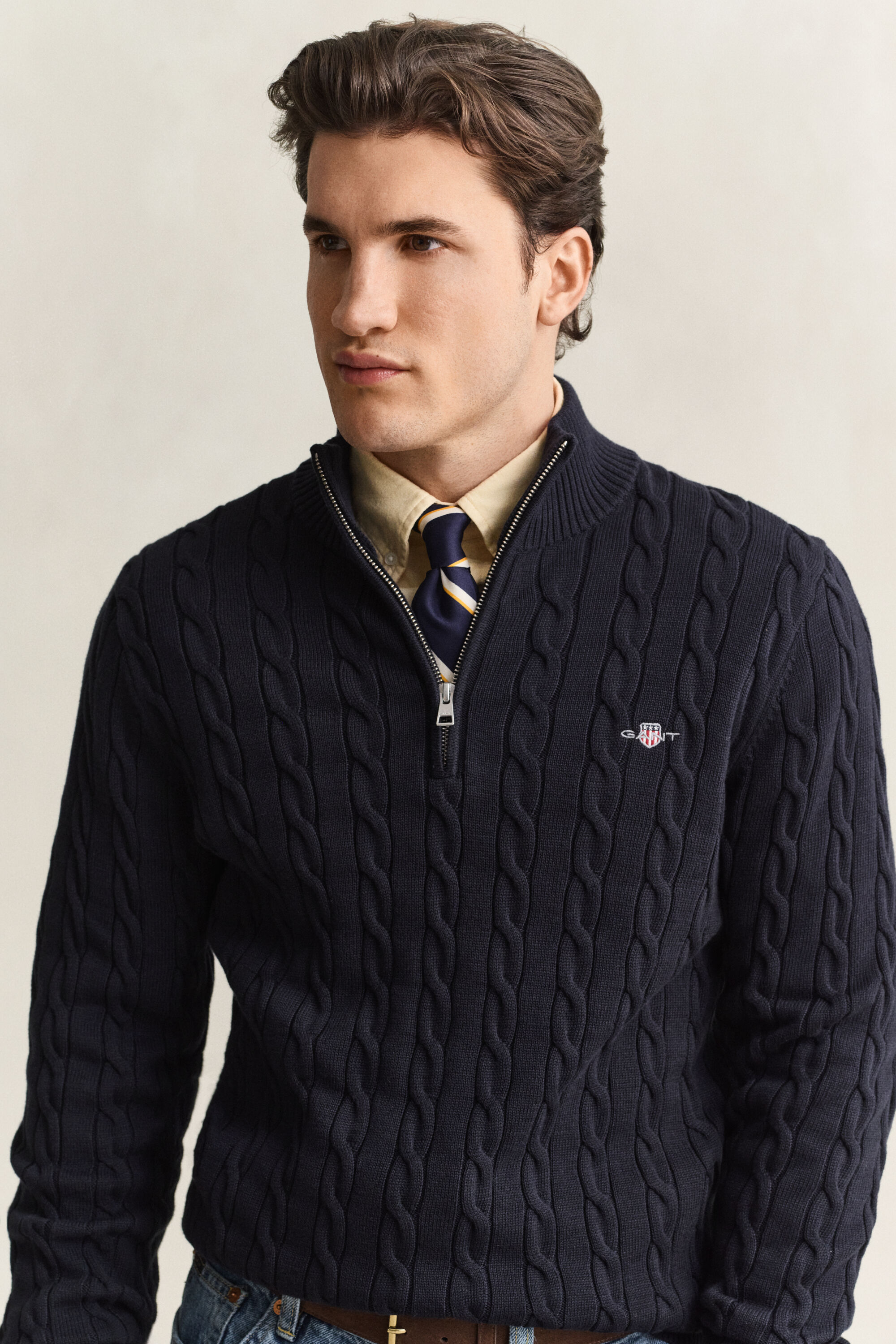 Maglia con zip corta in cotone a trecce
